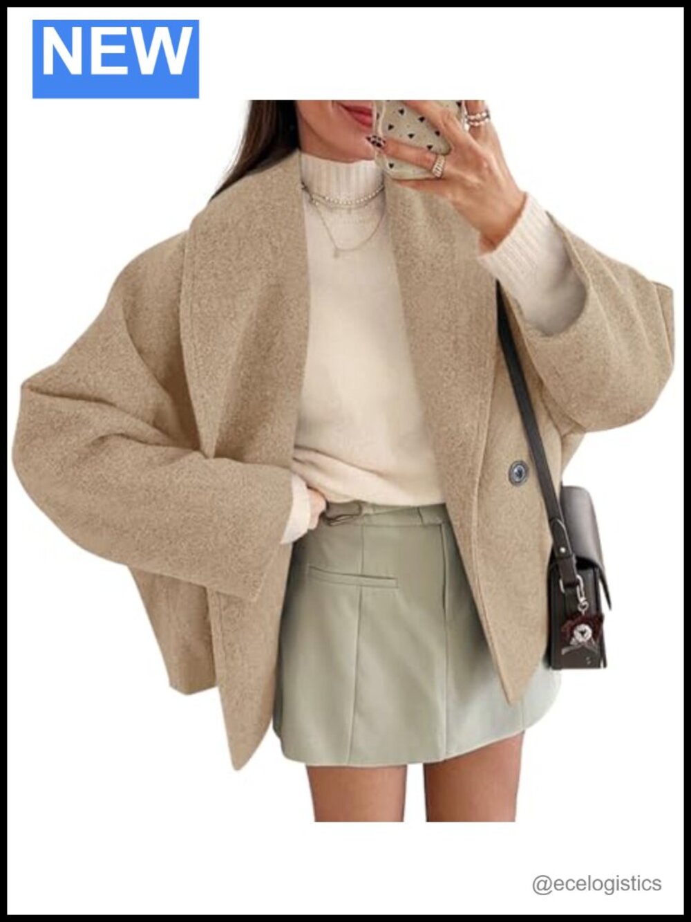 Women's Cropped Pea Coat Double Breasted Wool Blend Oversized Jacket